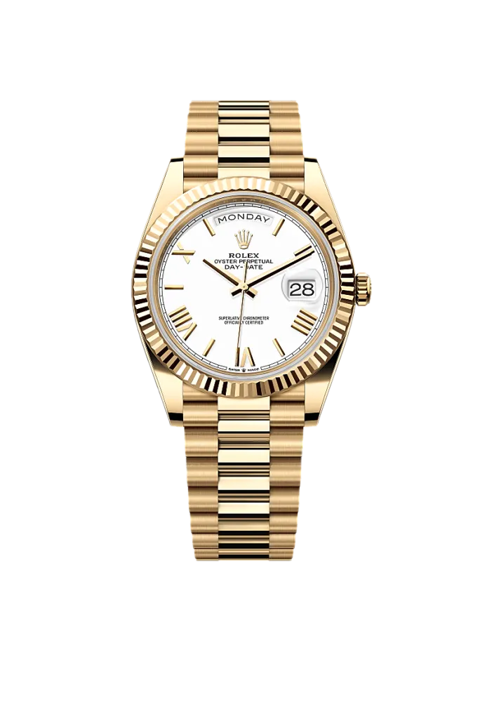 Super Clones Rolex Clean Factory Daydate 40mm Stainless Steel Gold Presidential Bracelet White Roman Dial Caliber 3255 Swiss Movement
