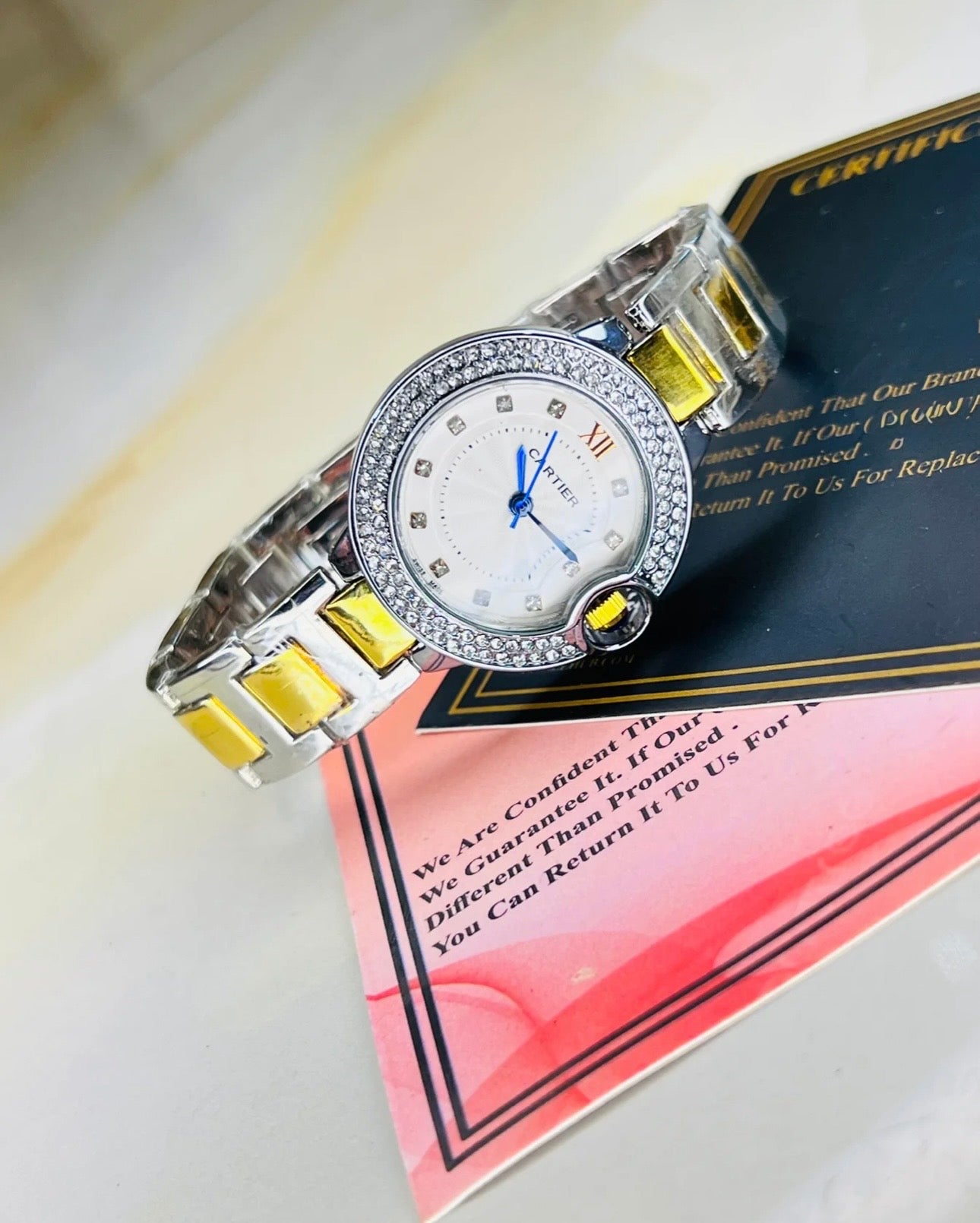 Cartier' Silver Gold White iced Dial      For Her