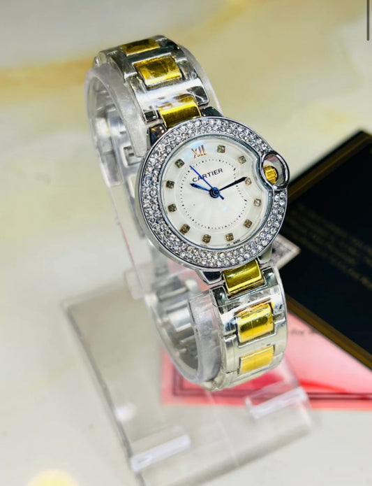 Cartier' Silver Gold White iced Dial      For Her