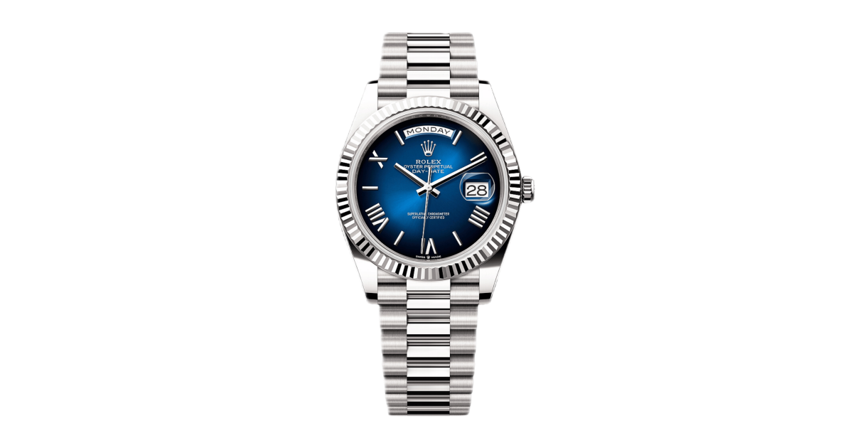 Super Clones Rolex The Most Premium ARF Factory Daydate 40mm Stainless Steel Silver Presidential Bracelet Navy Blue Dual Shade Roman Dial Caliber 3255 Swiss Movement