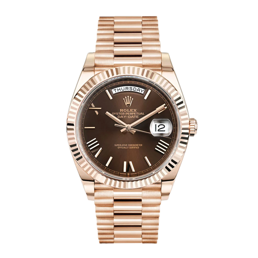 Super Clones Rolex The Most Premium ARF Factory Daydate 40mm Stainless Steel Rosegold Presidential Bracelet Brown Roman Dial Caliber 3255 Swiss Movement