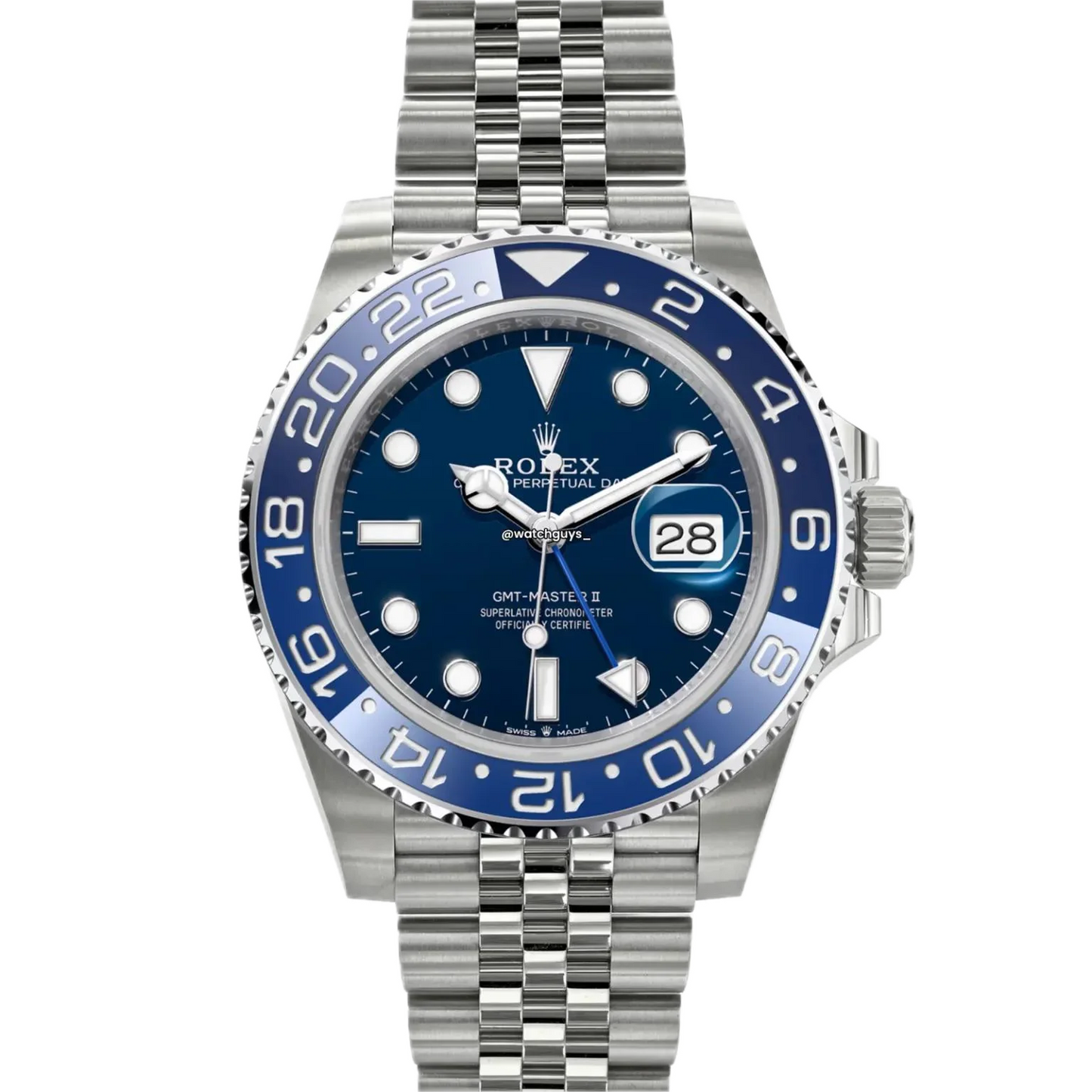 Super Clones Rolex Clean Factory GMT Master II Stainless Steel Silver Jubilee Bracelet Blue Dial Blue Bezel Caliber 3285 Swiss Movement