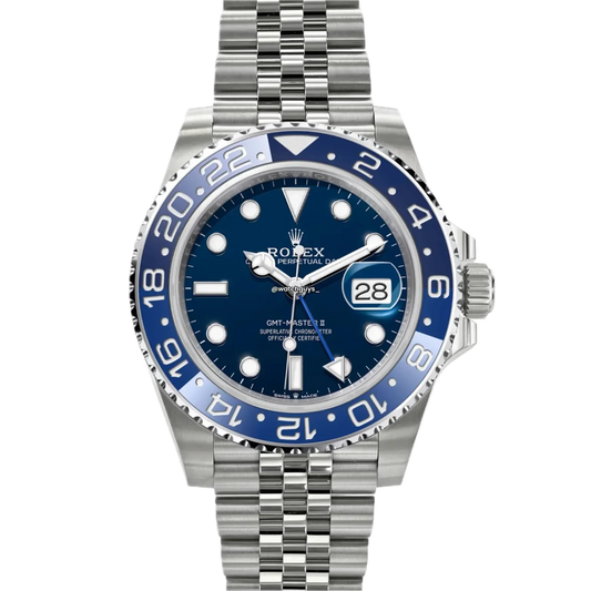 Super Clones Rolex Clean Factory GMT Master II Stainless Steel Silver Jubilee Bracelet Blue Dial Blue Bezel Caliber 3285 Swiss Movement