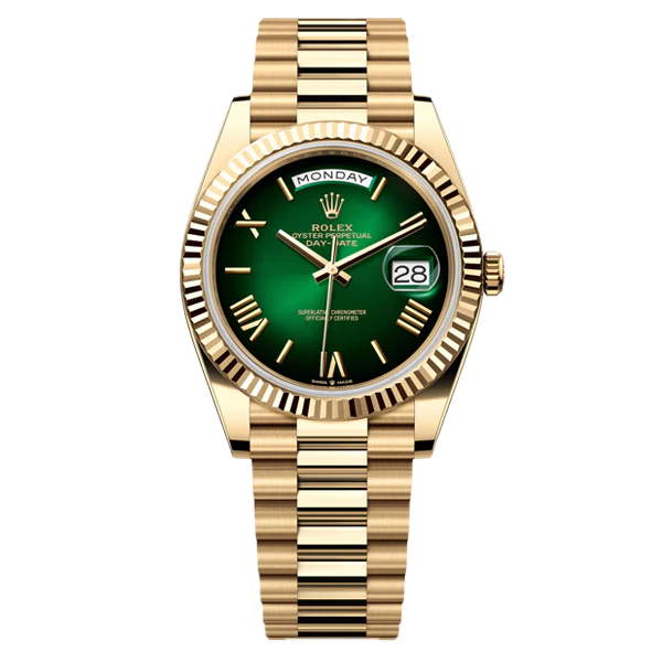 Super Clones Rolex The Most Premium ARF Factory Daydate 40mm Stainless Steel Gold Presidential Bracelet Green Dual Shade Roman Dial Caliber 3255 Swiss Movement