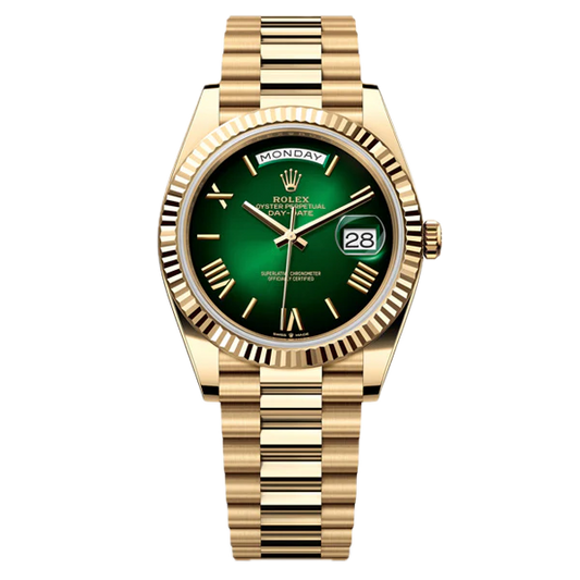 Super Clones Rolex The Most Premium ARF Factory Daydate 40mm Stainless Steel Gold Presidential Bracelet Green Dual Shade Roman Dial Caliber 3255 Swiss Movement