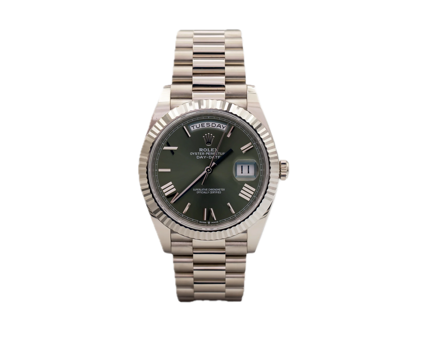 Super Clones Rolex The Most Premium ARF Factory Daydate 40mm Stainless Steel Silver Presidential Bracelet Olive Green Roman Dial Caliber 3255 Swiss Movement