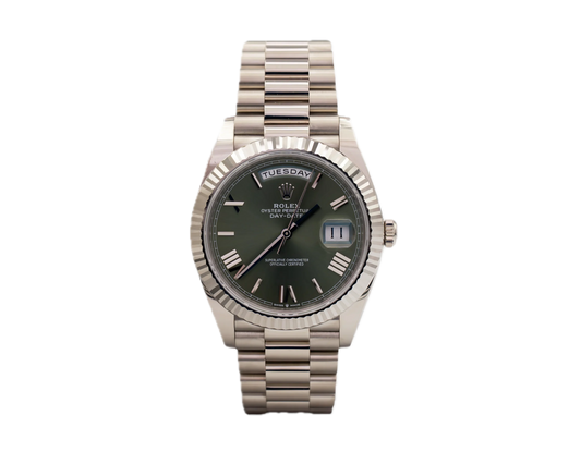 Super Clones Rolex The Most Premium ARF Factory Daydate 40mm Stainless Steel Silver Presidential Bracelet Olive Green Roman Dial Caliber 3255 Swiss Movement