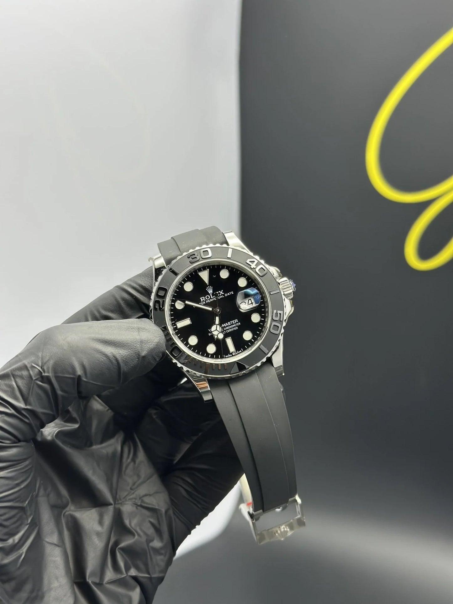 Super Clones Rolex Clean Factory Yacht Master Silicone Strap Rolex Clean Factory Yacht Master Silicone Strap Black Strap Black Dial Black Bezel Caliber 3235 Swiss Movement