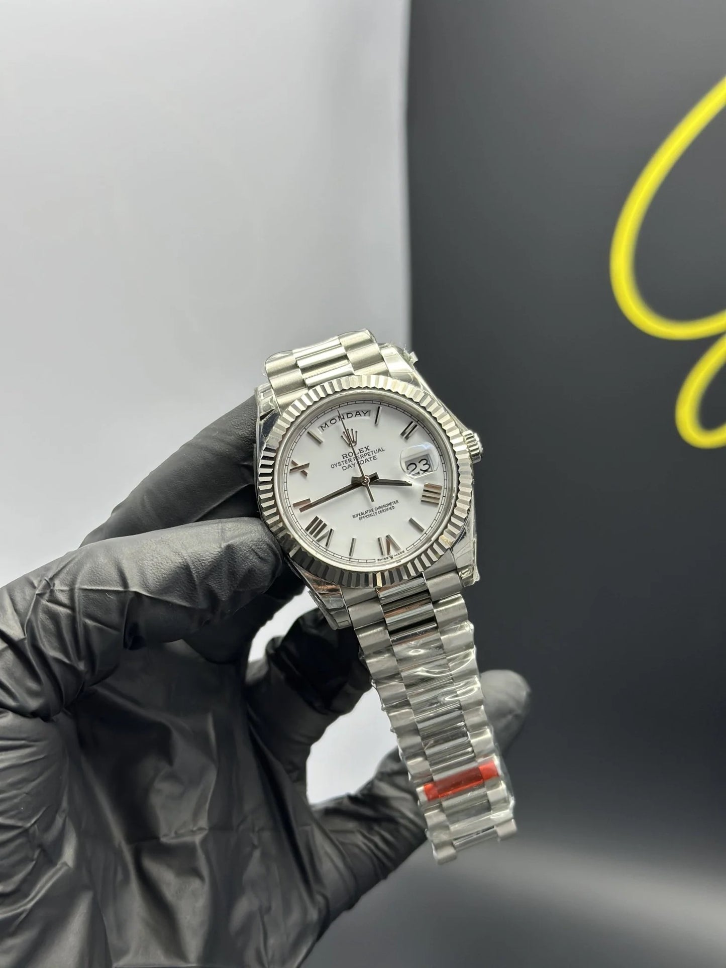 Super Clones Rolex Clean Factory Daydate 40mm Stainless Steel Silver Presidential Bracelet White Roman Dial Caliber 3255 Swiss Movement