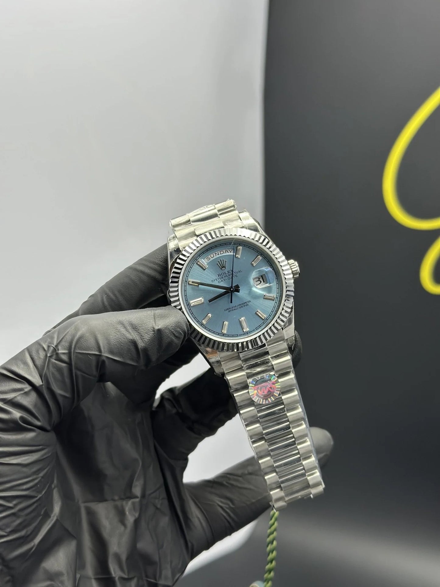 Super Clones Rolex Clean Factory Daydate 40mm Stainless Steel Silver Presidential Bracelet ice_blue Dial Caliber 3255 Swiss Movement