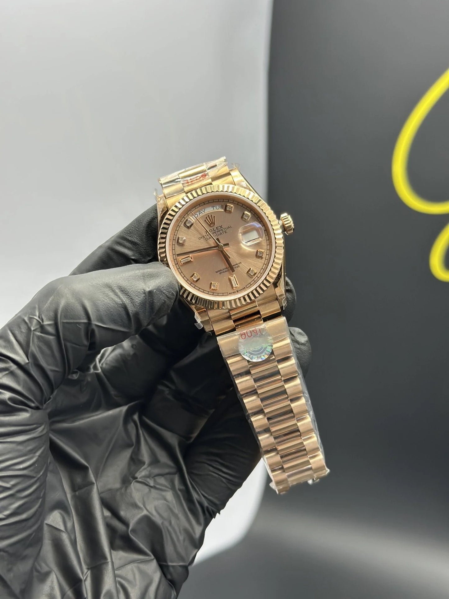 Super Clones Rolex Clean Factory Daydate 40mm Stainless Steel Rosegold Presidential Bracelet Rosegold Stone Figures Dial Caliber 3255 Swiss Movement