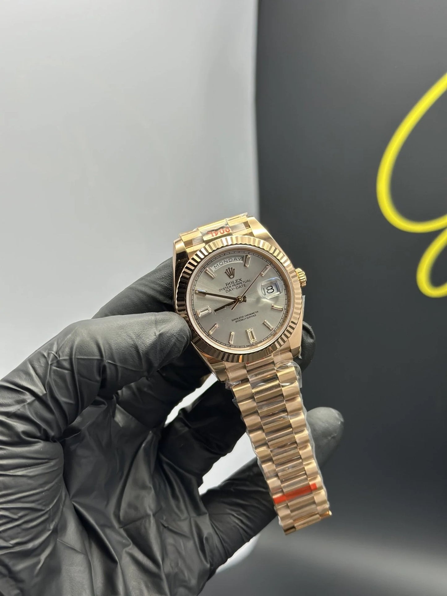 Super Clones Rolex Clean Factory Daydate 40mm Stainless Steel Rosegold Presidential Bracelet Grey Gems Figures Dial Caliber 3255 Swiss Movement
