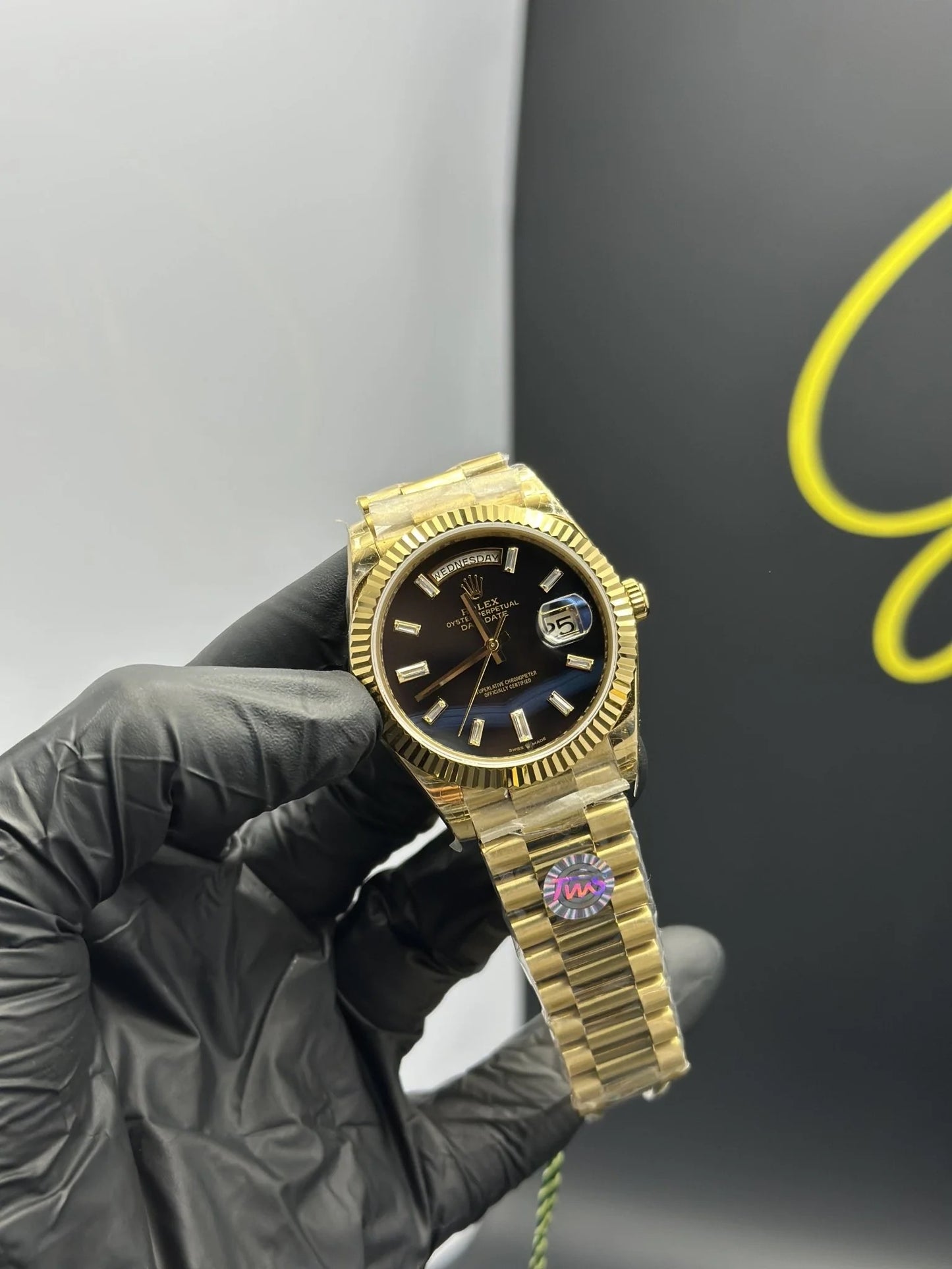 Super Clones Rolex Clean Factory Daydate 40mm Stainless Steel Gold Presidential Bracelet Black Gems Figures Textured Dial Caliber 3255 Swiss Movement