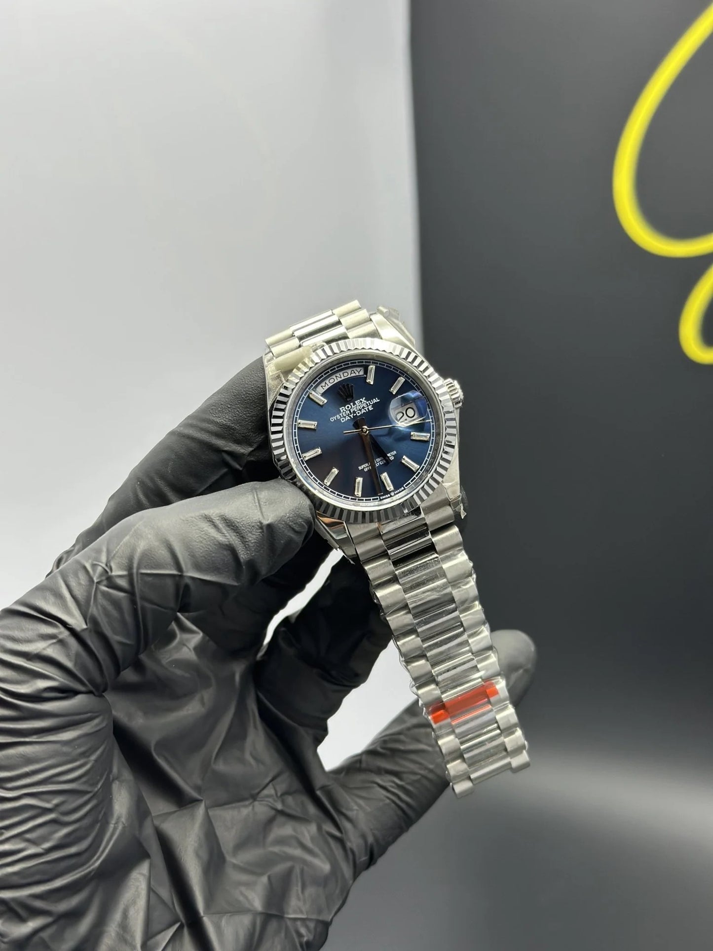 Super Clones Rolex Clean Factory Daydate 36mm Stainless Steel Silver Presidential Bracelet Navy Blue Gems Dial Caliber 3255 Swiss Movement