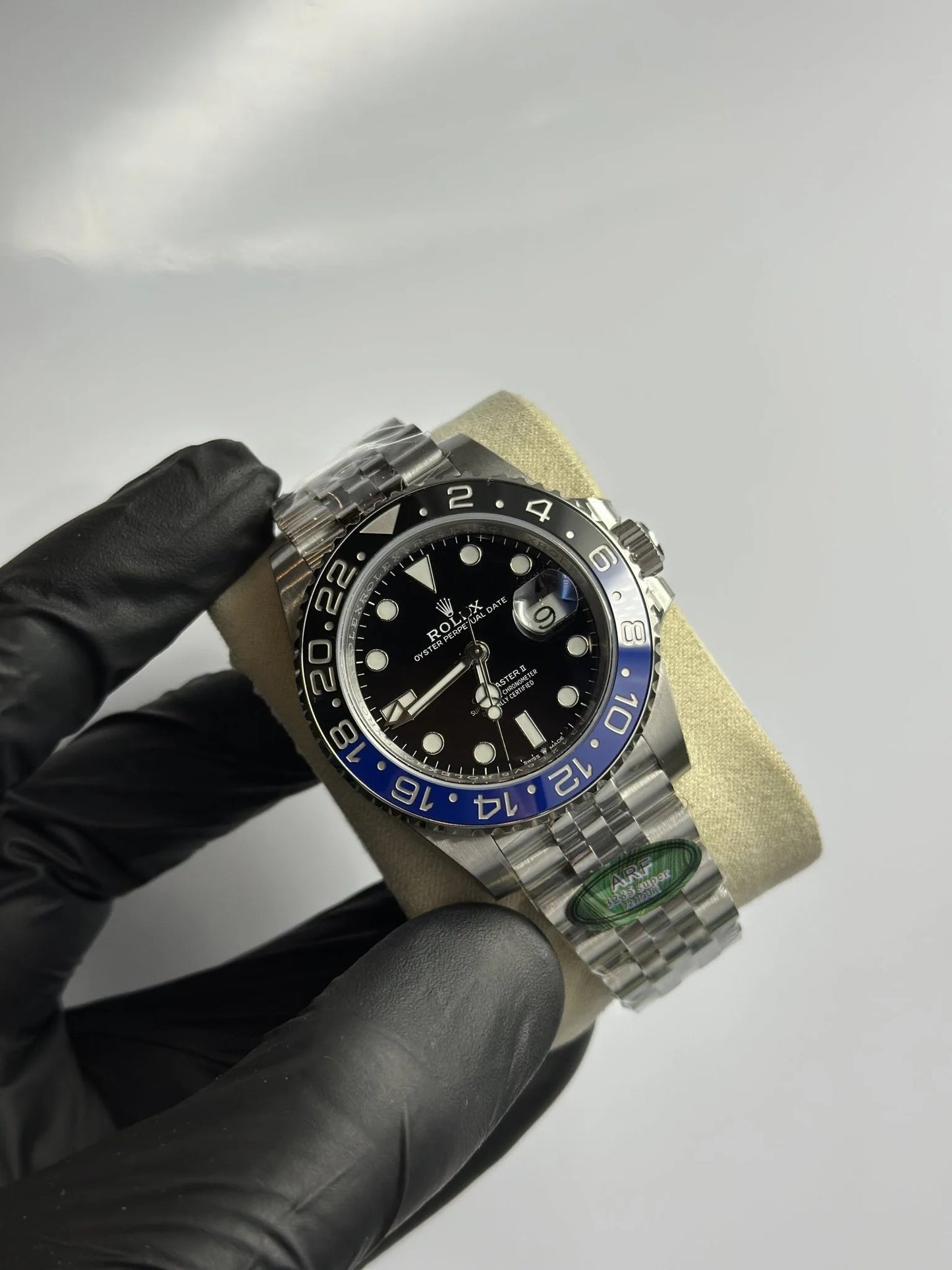 Super Clones Rolex The Most Premium ARF Factory GMT Master II Stainless Steel Silver Jubilee Bracelet Batgirl Dial Caliber 3285 Swiss Movement