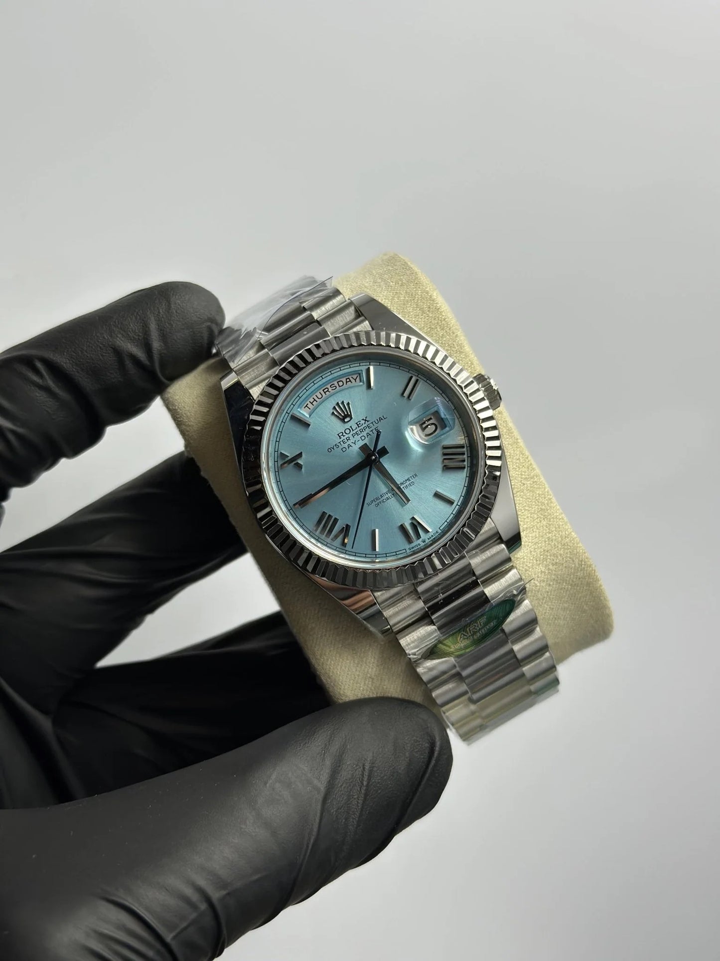 Super Clones Rolex The Most Premium ARF Factory Daydate 40mm Stainless Steel Silver Presidential Bracelet Sky Blue Roman Dial Caliber 3255 Swiss Movement