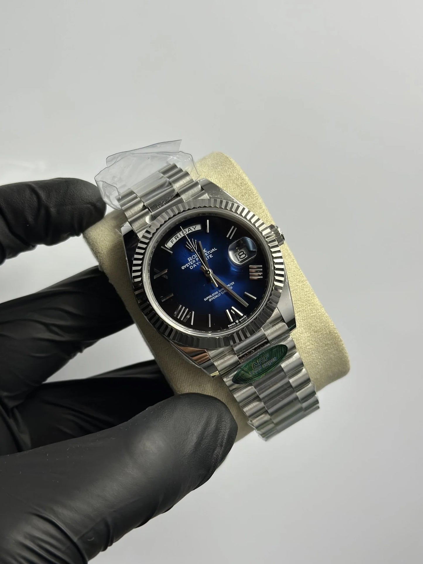 Super Clones Rolex The Most Premium ARF Factory Daydate 40mm Stainless Steel Silver Presidential Bracelet Navy Blue Dual Shade Roman Dial Caliber 3255 Swiss Movement
