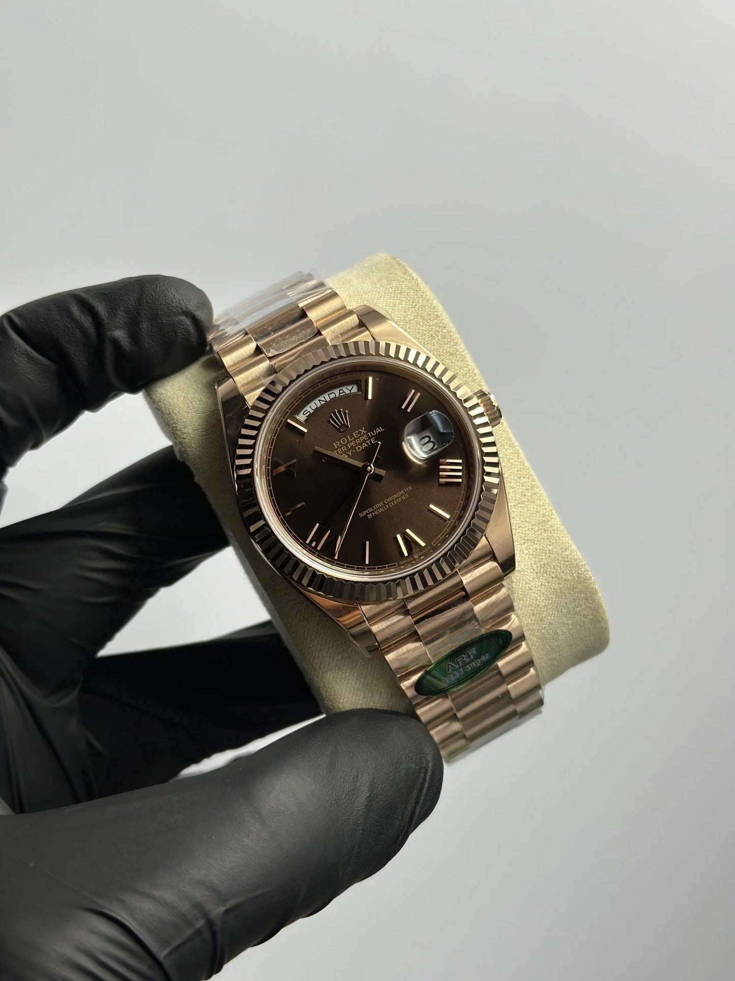 Super Clones Rolex The Most Premium ARF Factory Daydate 40mm Stainless Steel Rosegold Presidential Bracelet Brown Roman Dial Caliber 3255 Swiss Movement