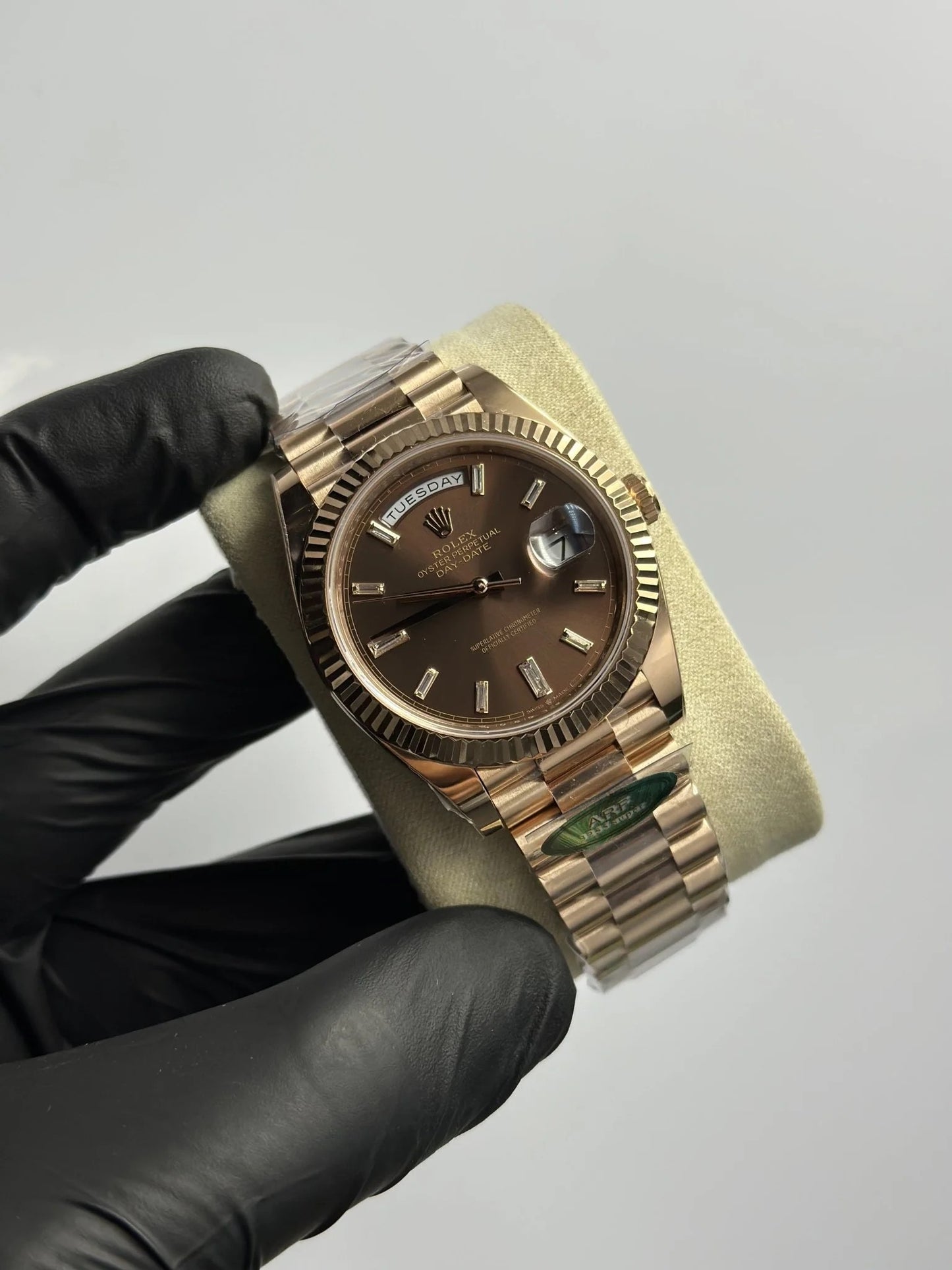 Super Clones RLX The Most Premium ARF Factory Daydate 40mm Stainless Steel Rosegold Presidential Bracelet Brown Gems Figures Dial Caliber 3255 Swiss Movement