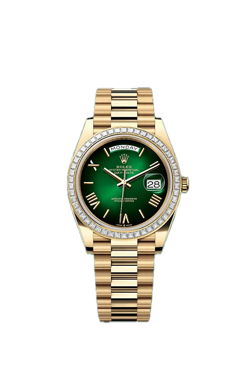Super Clones Rolex Clean Factory Daydate 40mm Stainless Steel Gold Presidential Bracelet Dual Shade Green Roman Dial Stoned Bezel Caliber 3255 Swiss Movement