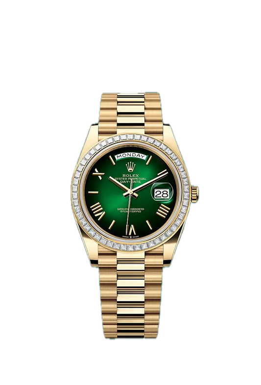 Super Clones Rolex Clean Factory Daydate 40mm Stainless Steel Gold Presidential Bracelet Dual Shade Green Roman Dial Stoned Bezel Caliber 3255 Swiss Movement