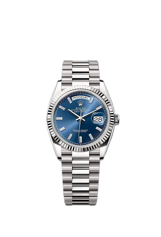 Super Clones Rolex Clean Factory Daydate 36mm Stainless Steel Silver Presidential Bracelet Navy Blue Gems Dial Caliber 3255 Swiss Movement