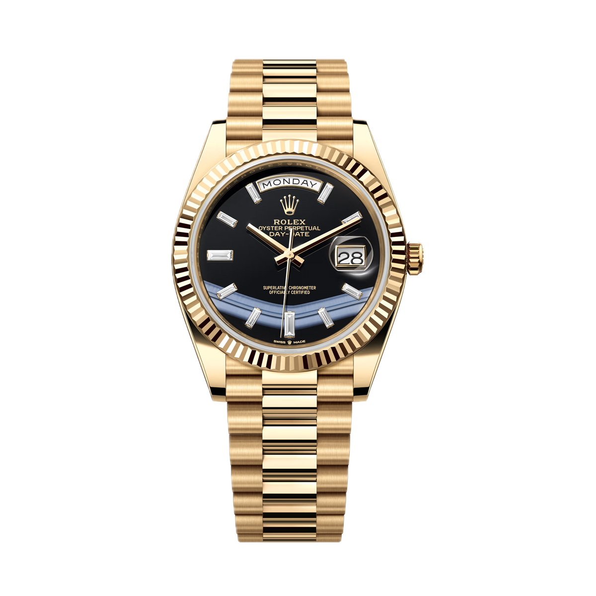 Super Clones Rolex Clean Factory Daydate 40mm Stainless Steel Gold Presidential Bracelet Black Gems Figures Textured Dial Caliber 3255 Swiss Movement
