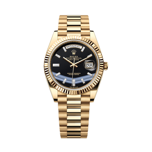 Super Clones Rolex Clean Factory Daydate 40mm Stainless Steel Gold Presidential Bracelet Black Gems Figures Textured Dial Caliber 3255 Swiss Movement