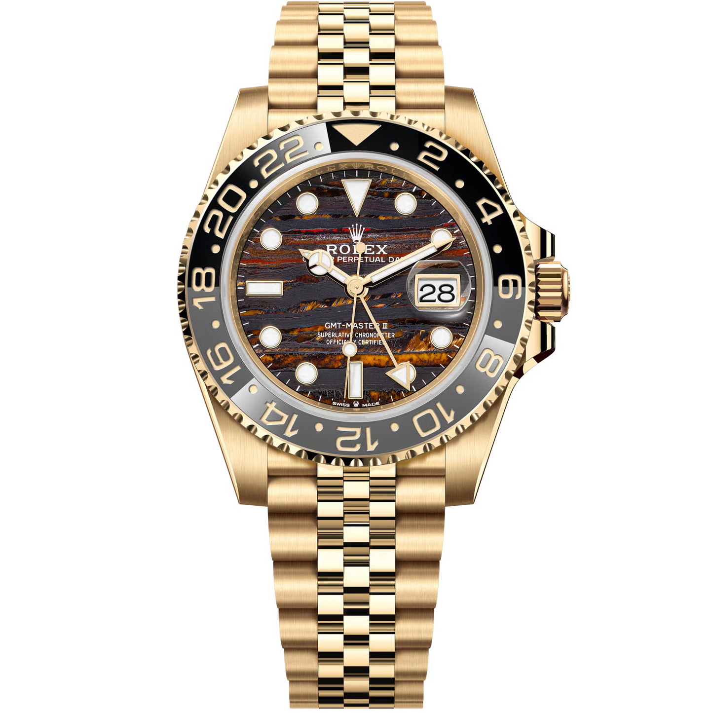 Super Clones RLX The Most Premium ARF Factory GMT Master II Stainless Steel Gold Jubilee Bracelet Bruce Wayne Tiger Iron Dial Caliber 3285 Swiss Movement