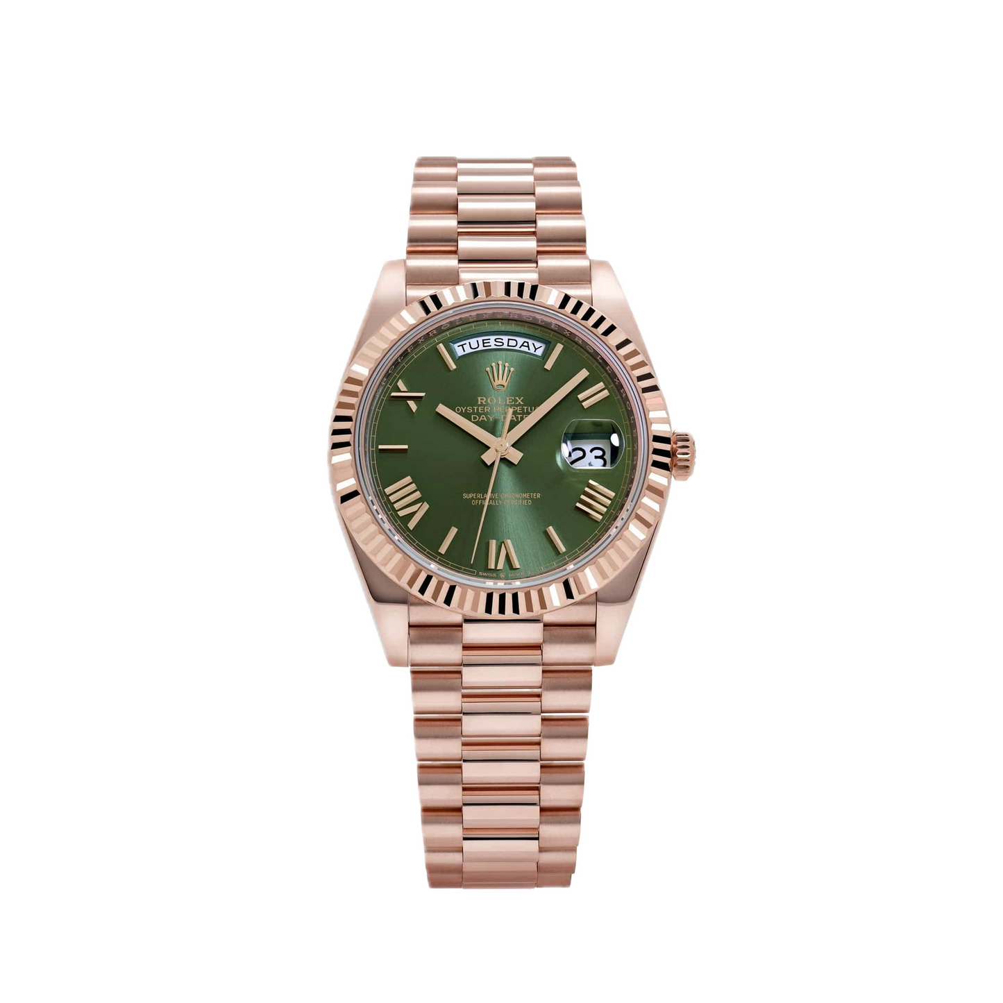 Super Clones Rolex The Most Premium ARF Factory Daydate 40mm Stainless Steel Rosegold Presidential Bracelet Olive Green Roman Dial Caliber 3255 Swiss Movement