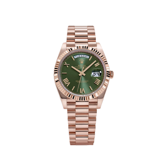 Super Clones Rolex The Most Premium ARF Factory Daydate 40mm Stainless Steel Rosegold Presidential Bracelet Olive Green Roman Dial Caliber 3255 Swiss Movement