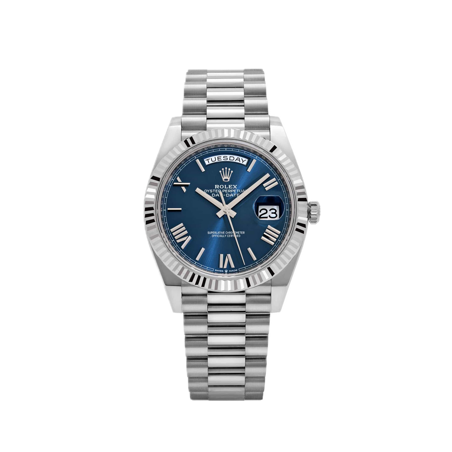 Super Clones Rolex The Most Premium ARF Factory Daydate 40mm Stainless Steel Silver Presidential Bracelet Navy Blue Roman Dial Caliber 3255 Swiss Movement