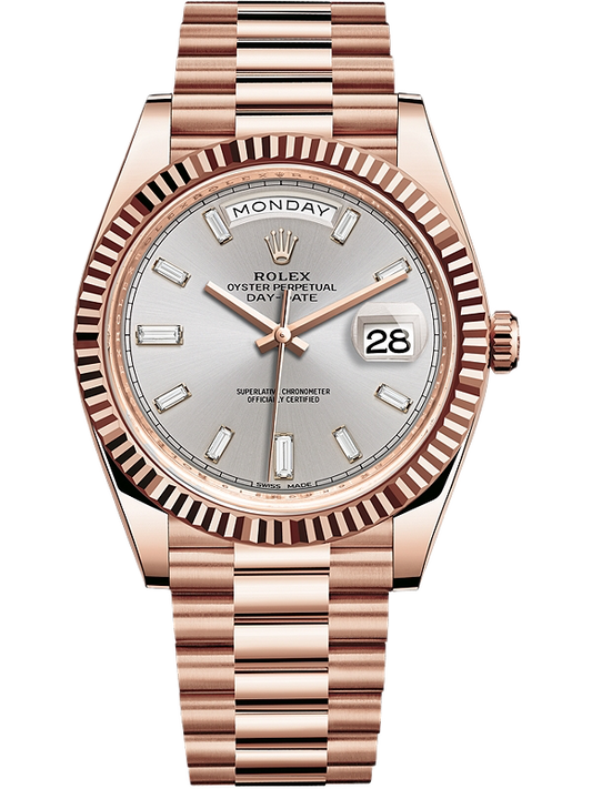 Super Clones Rolex Clean Factory Daydate 40mm Stainless Steel Rosegold Presidential Bracelet Grey Gems Figures Dial Caliber 3255 Swiss Movement