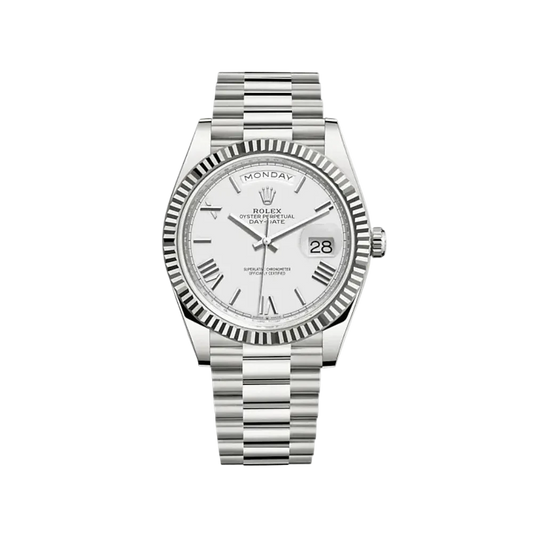 Super Clones Rolex Clean Factory Daydate 40mm Stainless Steel Silver Presidential Bracelet White Roman Dial Caliber 3255 Swiss Movement