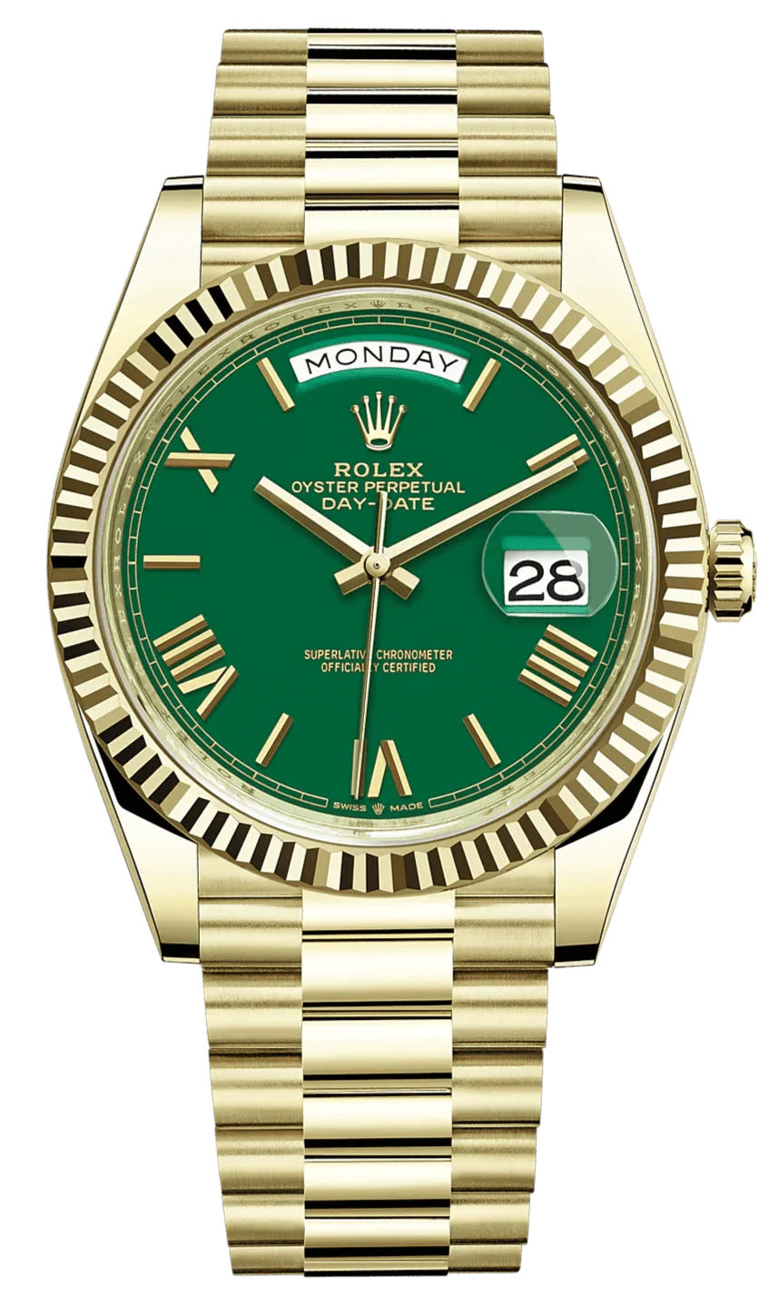 Super Clones Rolex Clean Factory Daydate 40mm Stainless Steel Gold Presidential Bracelet Green Roman Dial Caliber 3255 Swiss Movement