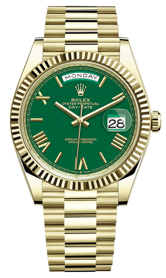 Super Clones Rolex Clean Factory Daydate 40mm Stainless Steel Gold Presidential Bracelet Green Roman Dial Caliber 3255 Swiss Movement