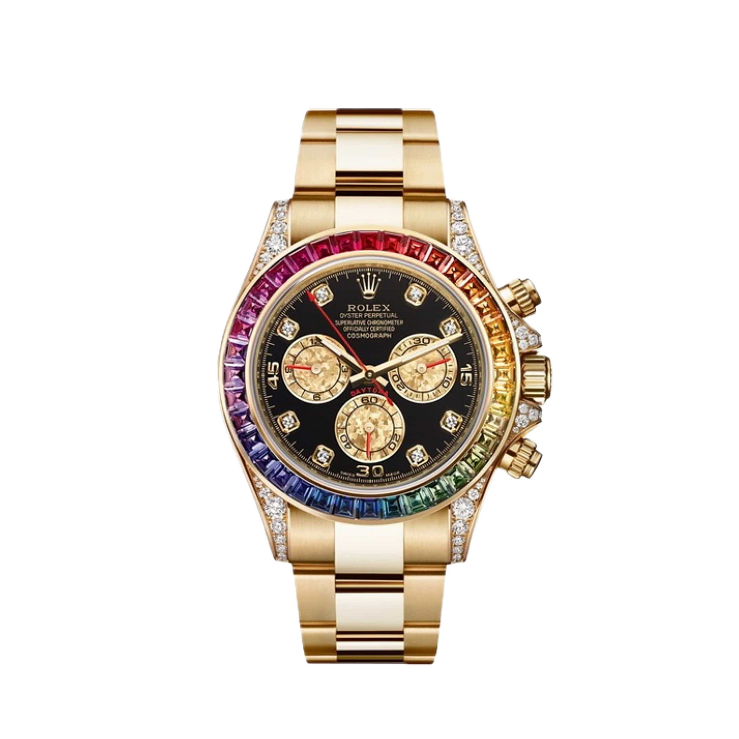 Super Clones Rolex Clean Factory Daytona Stainless Steel Gold Oyster Bracelet Black Dial Rainbow Stoned Bezel Caliber 4131 Swiss Movement