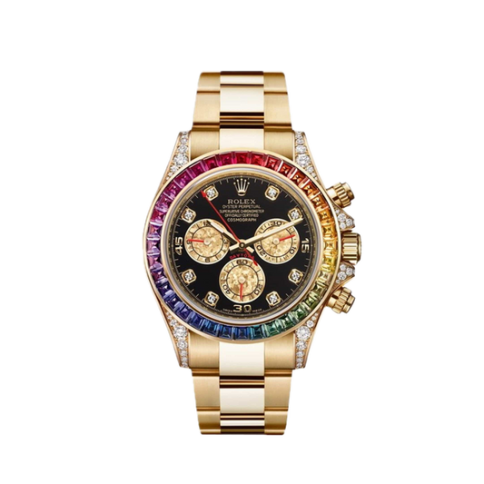 Super Clones Rolex Clean Factory Daytona Stainless Steel Gold Oyster Bracelet Black Dial Rainbow Stoned Bezel Caliber 4131 Swiss Movement