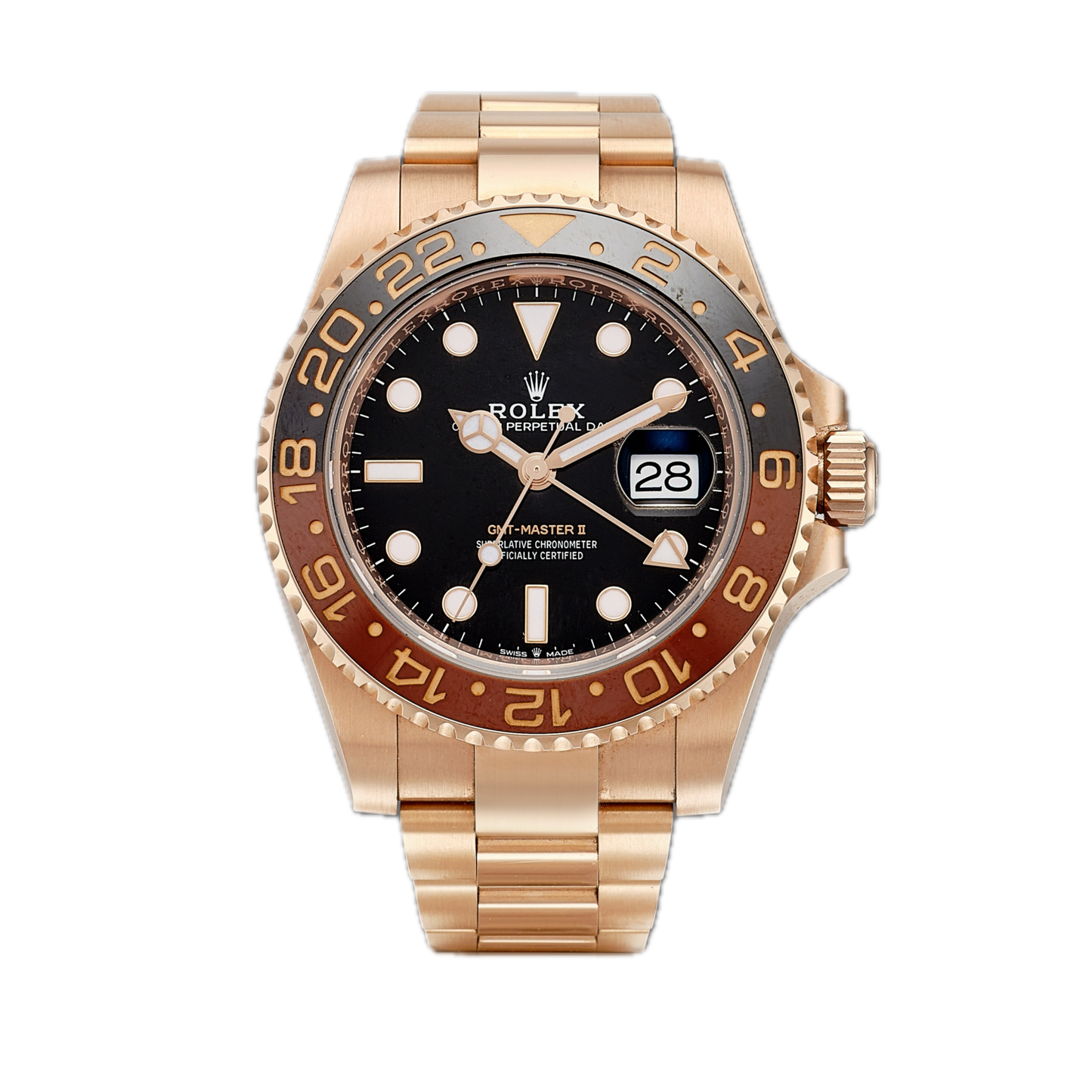 Super Clones Rolex Clean Factory GMT Master II Stainless Steel Rosegold Oyster Bracelet Root Beer Dial Caliber 3285 Swiss Movement